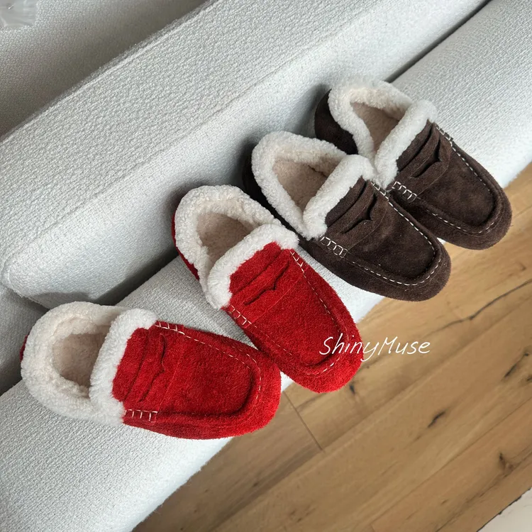 ShinyMuse缪斯定制长毛绒真皮圈口羊毛加绒软绵绵乐福平底加绒鞋