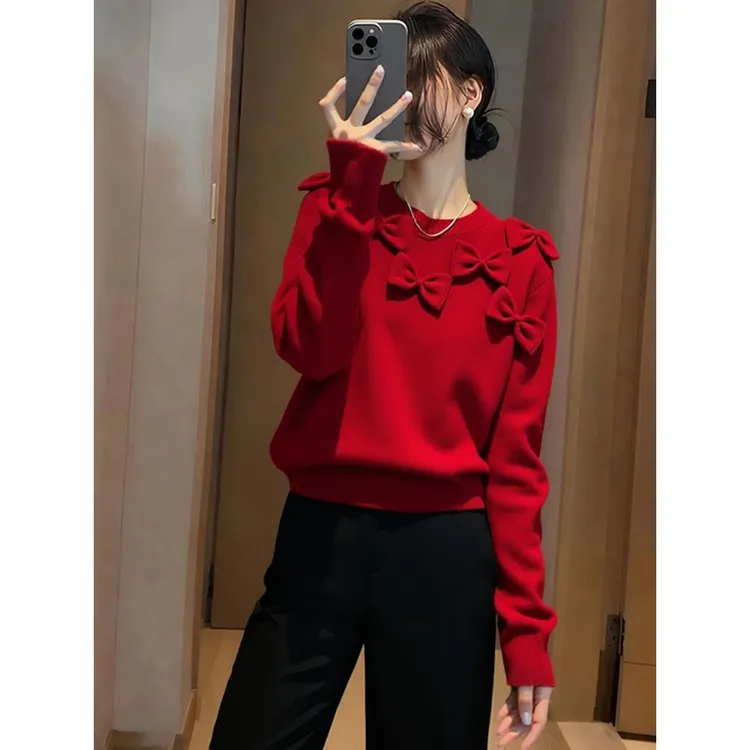 高级感立体蝴蝶结新年红时尚针织衫2025冬季长袖洋气减龄红色上衣