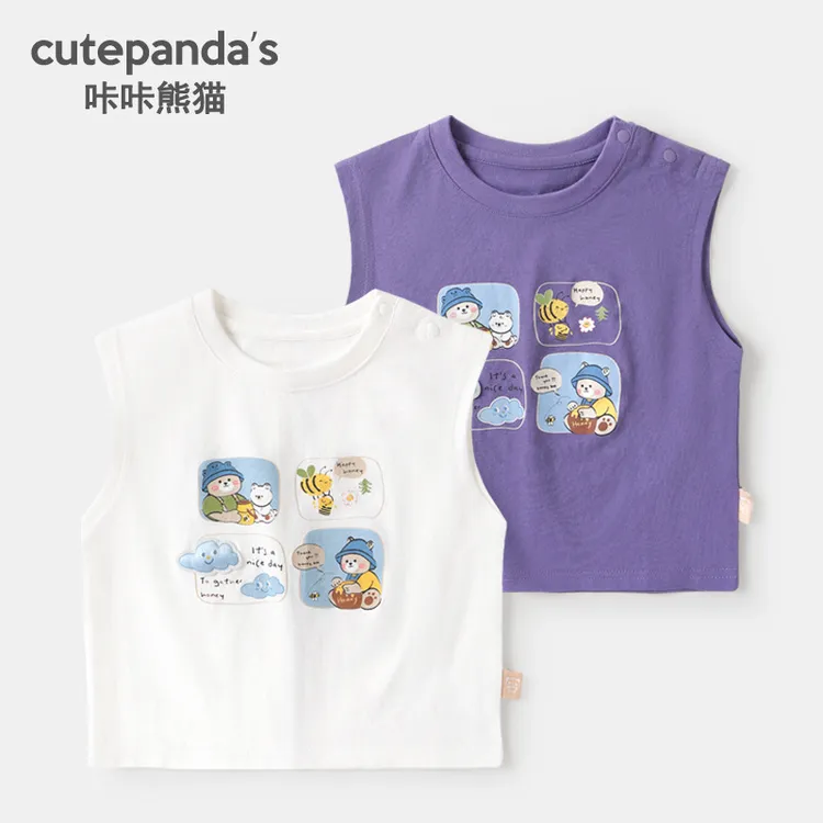 咔咔熊猫男童背心婴儿衣服女童无袖T恤薄款夏装宝宝夏季上衣童装
