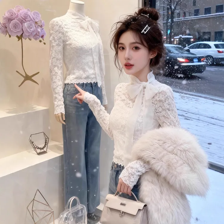 白色立领系带蝴蝶结蕾丝加绒内搭打底衫女秋冬设计感修身长袖上衣