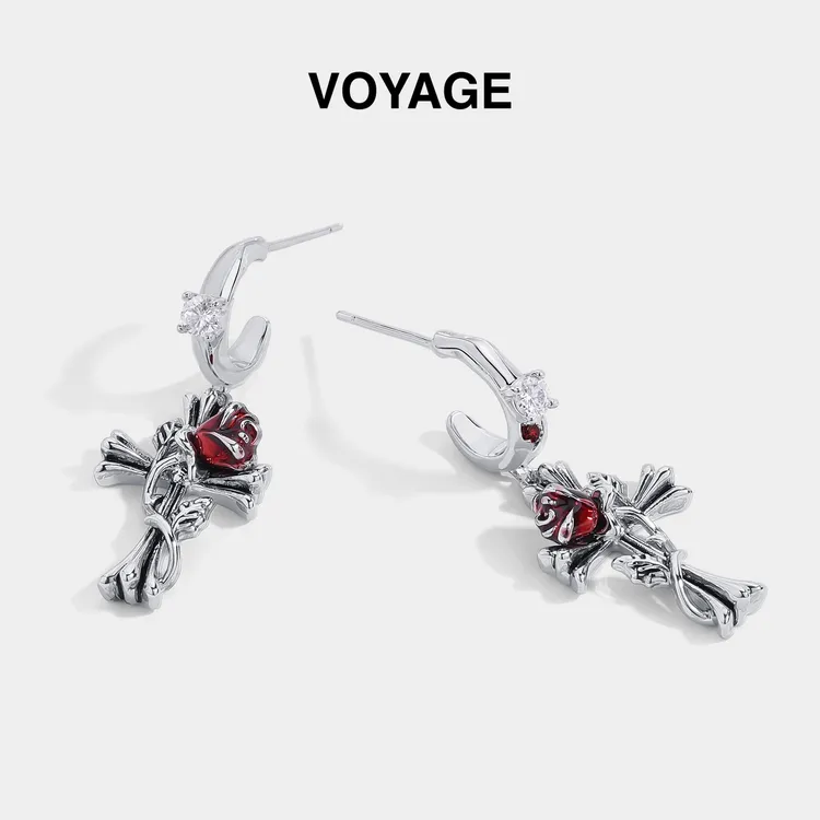 925银耳饰 S925银针十字架玫瑰缠绕耳环女黑红耳坠耳钉秋冬耳饰