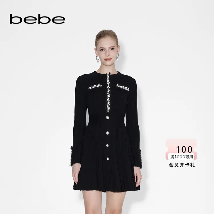 【经典回馈】bebe早秋穿搭女士小香风收腰绵羊毛针织连衣裙430912