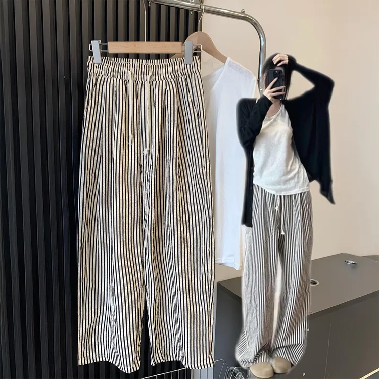 黑白条纹休闲裤女秋季薄款胖妹妹mm高腰抽绳设计感梨型身材阔腿裤