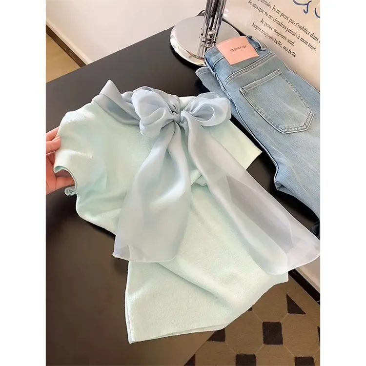 2025夏季新款蝴蝶结飘带领短袖T恤女设计感小众薄款冰丝针织上衣