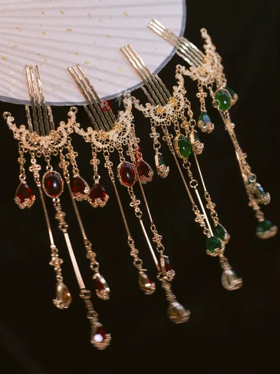 格格间原创【明景】红绿宝石流苏掩鬓发簪插梳子古风汉服配饰发饰