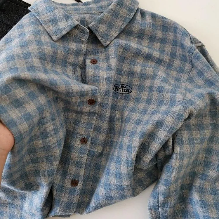 秋冬季内搭蓝灰色格子磨毛刺绣字母衬衫休闲百搭上衣女衬衣高级感