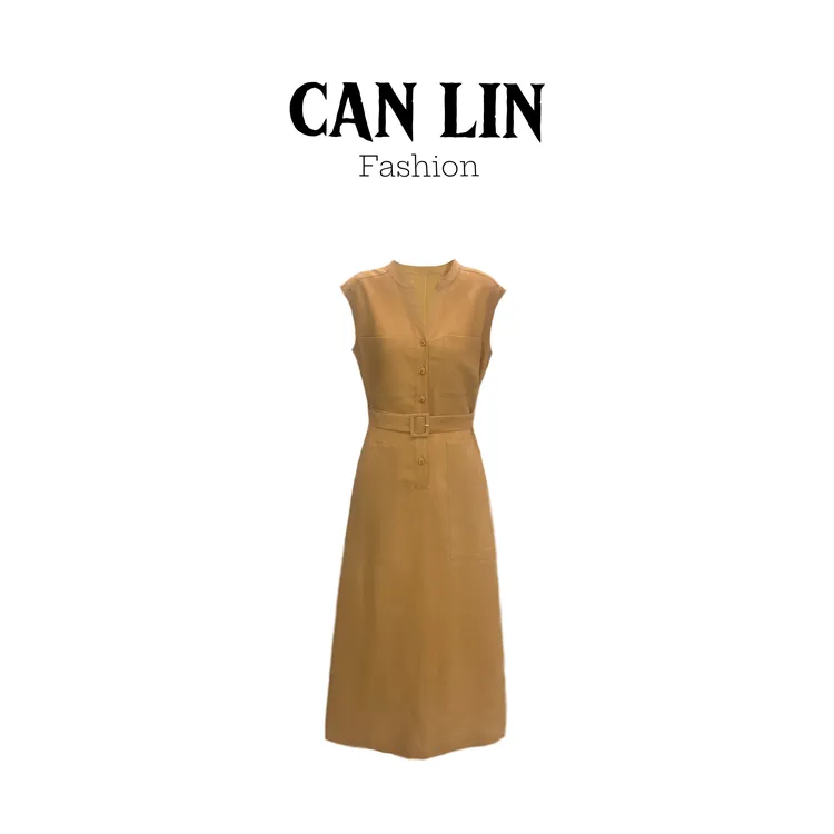 CAN LIN|极简高级感【天丝亚麻】V领气质收腰显瘦连衣裙G222