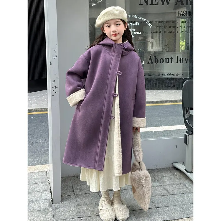 女童秋冬加绒外套2025新款女大童皮毛一体风衣儿童冬装羊羔绒大衣