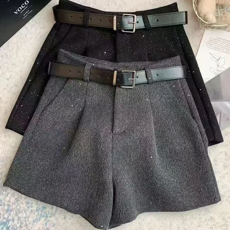 秋冬季高腰小香风闪闪重工亮片毛呢短裤a字阔腿裤靴裤子女 配腰带