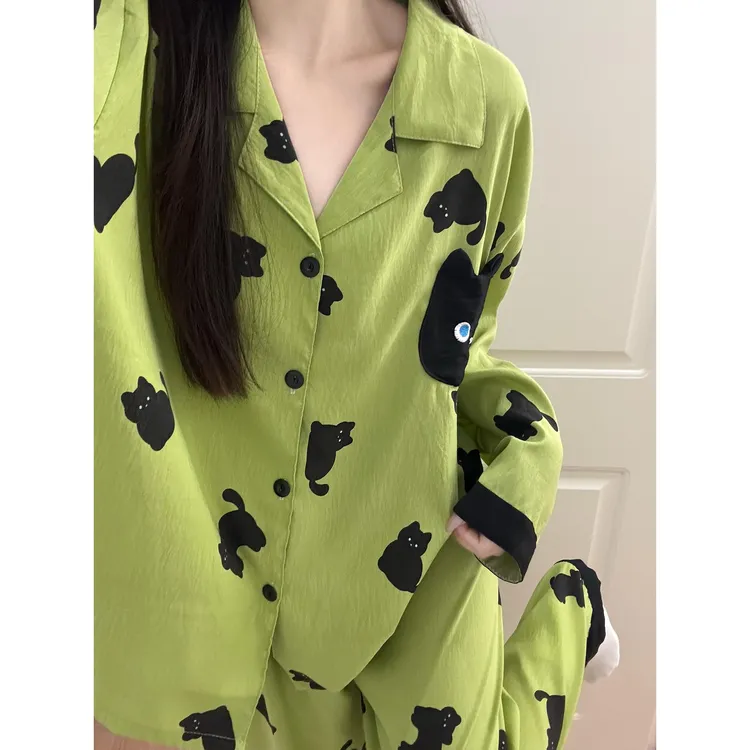 撞色可爱猫咪睡衣女春秋2025新款夏季休闲长裤薄款舒适家居服宽松