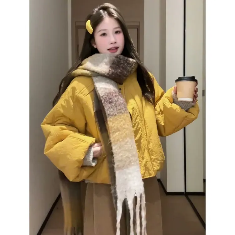 美式复古花苞短款圆领棉服外套女冬季通勤百搭保暖显瘦面包服上衣