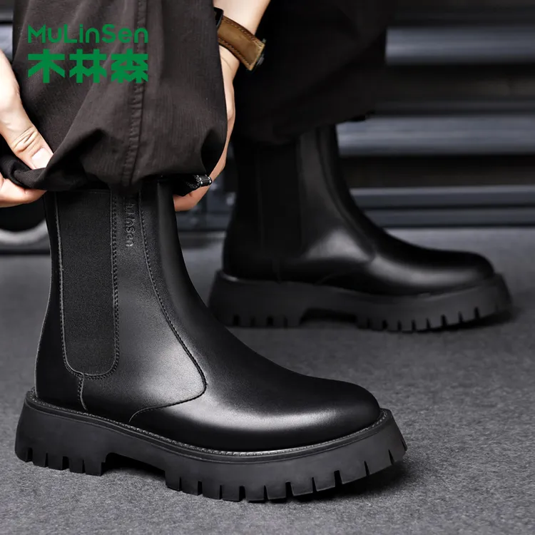木林森切尔西靴潮男马丁靴复古增高休闲英伦亮面高帮皮鞋男中帮圆