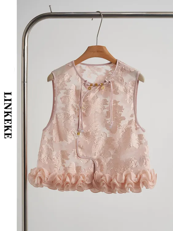 2025夏季新款女装新中式复古气质重工剪花粉色甜美风无袖衬衫上衣