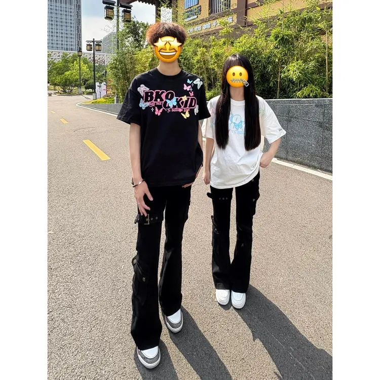 多口袋绑带工装牛仔裤男夏季美式高街vibe裤子修身显瘦微喇直筒裤