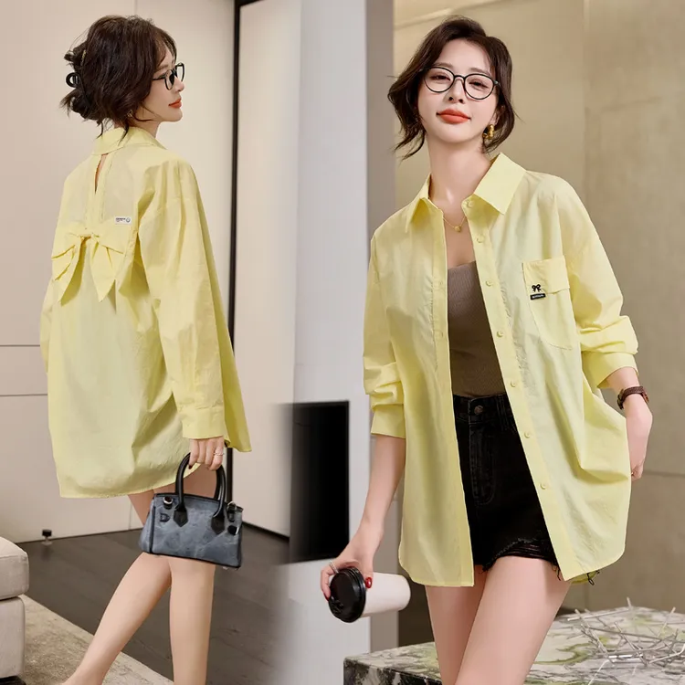 衬衣女2025春季春天衣服新款休闲气质衬衫后背蝴蝶结春季开衫上衣