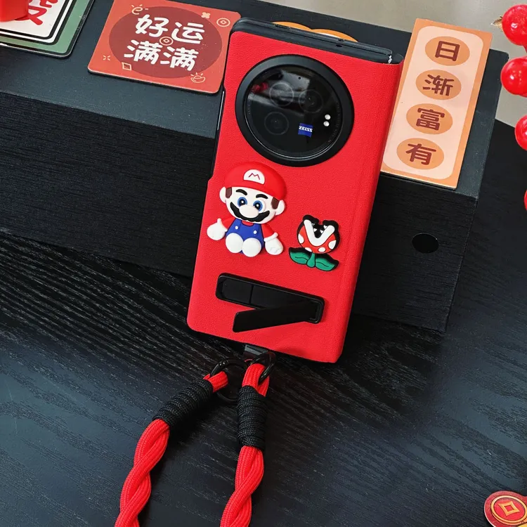 适用vivo x fold3 pro手机壳折叠屏新年红色卡通马里奥支架保护套