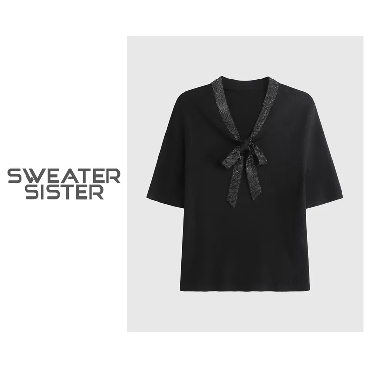 重工烫钻V领针织衫法式优雅飘带短袖T恤女6688-8926