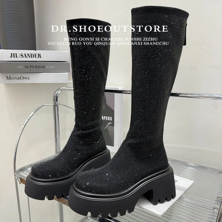 【DR官方正品】欧货高端粗跟水钻厚底长筒靴不过膝高筒靴显瘦瘦靴