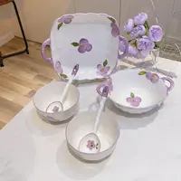 伴花时光陶瓷碗盘6件套创意家用米饭碗方盘汤碗餐具组合套装