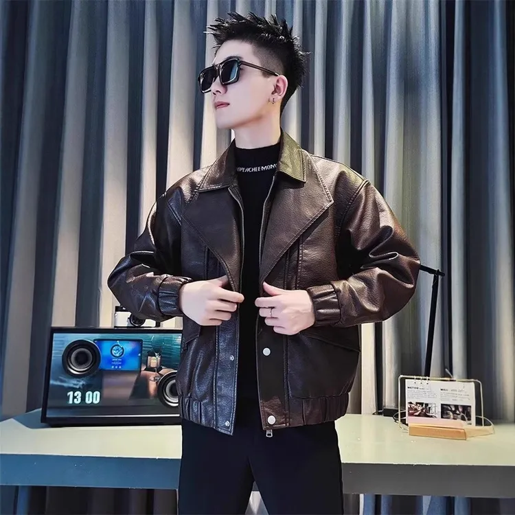 高级感外套爆款痞帅风夹克春秋装男款新款潮牌潮流大翻领2025皮衣