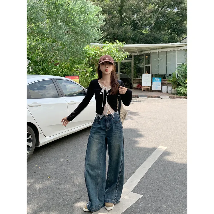 切糕自制【街头漫步】小个子秋季流光风慵懒百搭休闲通勤直筒牛仔裤