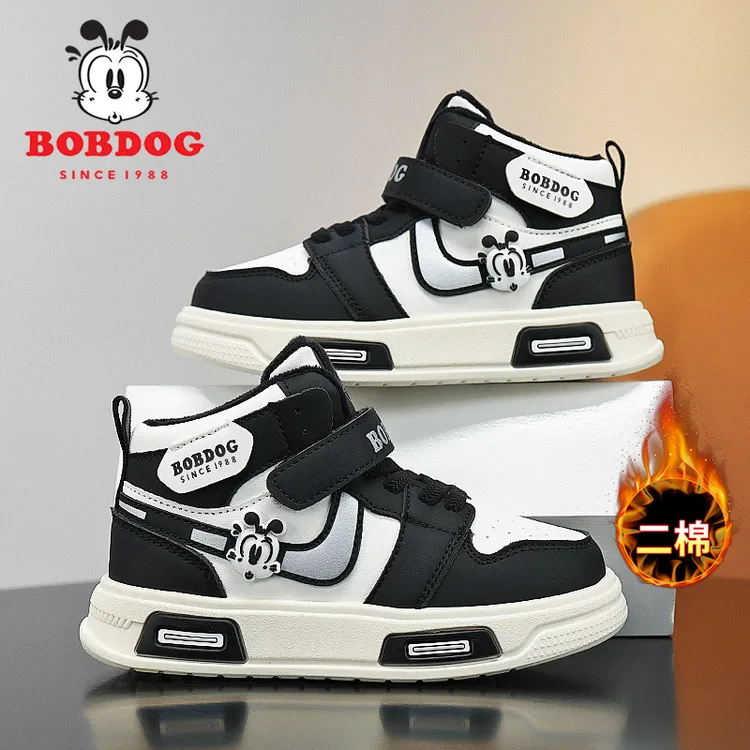 巴布豆男童鞋皮面儿童休闲板鞋冬季新款高帮加绒保暖中大童运动鞋