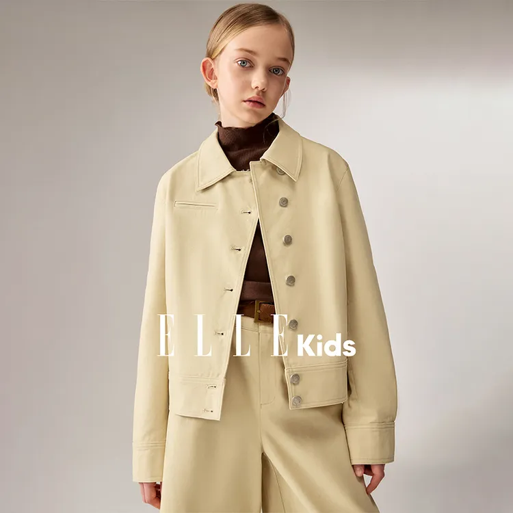 ELLE KIDS 复古斜门襟外套女童秋季新款宽肩廓形个性时髦上衣Q1