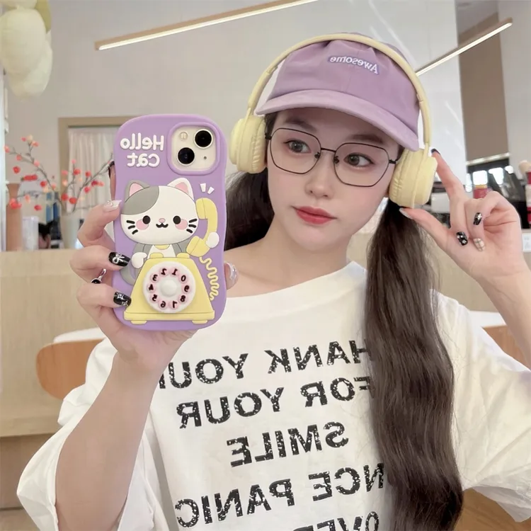 苹果|旋转kt猫电话机卡通可爱ins适用iPhone16创意15软硅胶手机壳