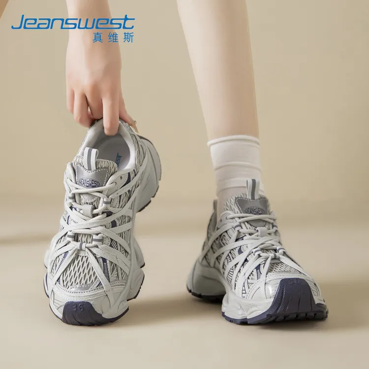 Jeanswest/真维斯绑带厚底老爹鞋女2025早秋网面透气运动休闲鞋子