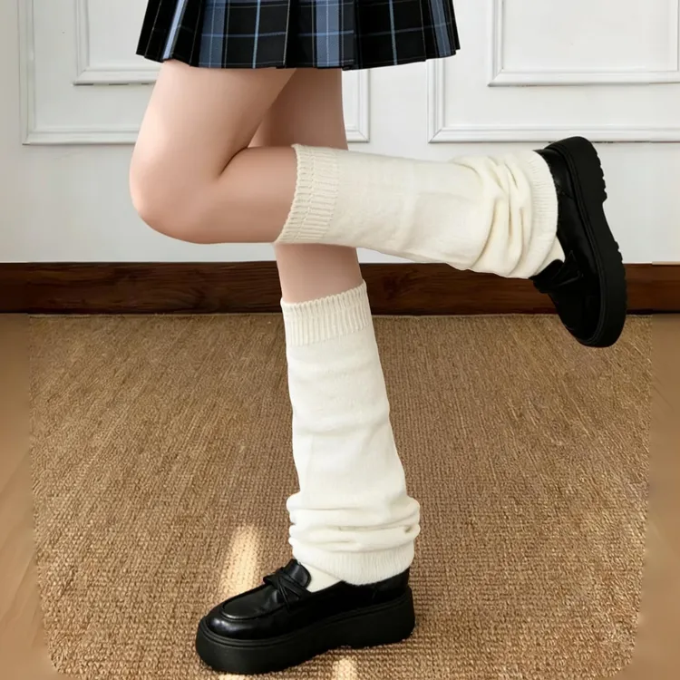宽版日系平板泡泡袜jk学院风显腿瘦堆堆袜针织腿套奶白二次元秋冬
