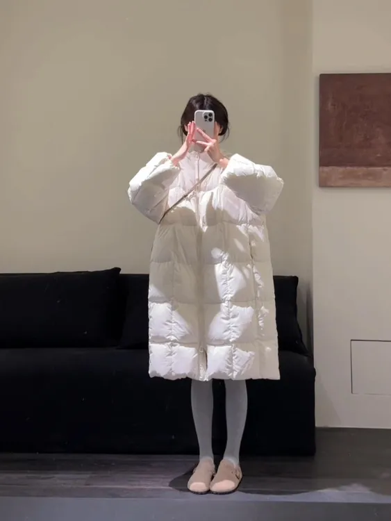 白色中长款连帽保暖棉服2025冬季新款韩系加厚宽松过膝棉袄外套女