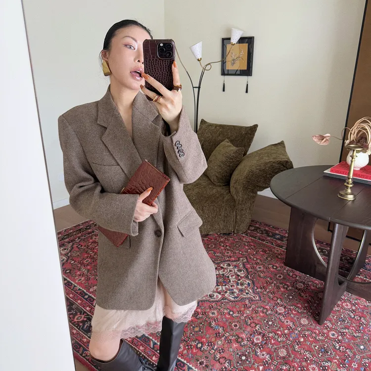 Vane｜“栗子”复古棕色系羊毛斜纹廓形厚西装～