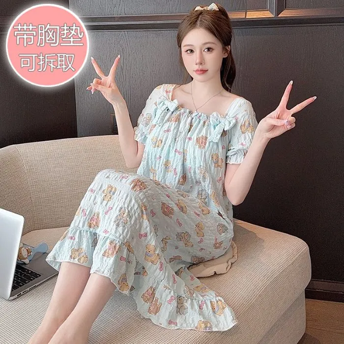 【自带胸垫】2025爆款加大码码睡裙女夏季短袖卡通中长款家居服
