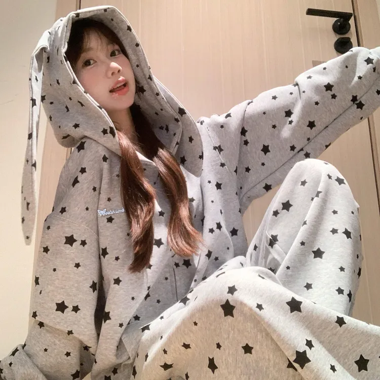 大码灰色系星星印花兔耳连帽睡衣女士秋冬季宽松大码家居服两件套