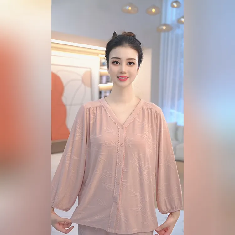 秋鹿2025春夏季新款针织竹叶立体提花V领九分袖九分裤女套