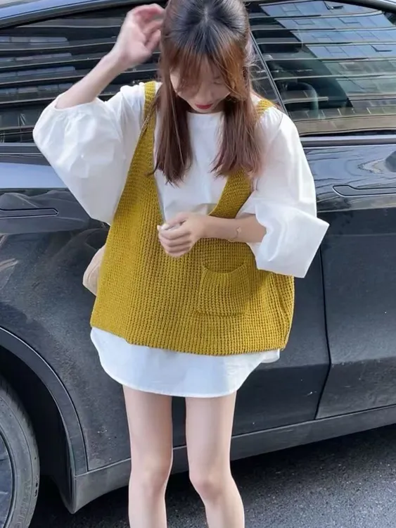 韩系2025春秋新款宽松针织衫吊带毛衣+白色衬衫两件套套装女上衣