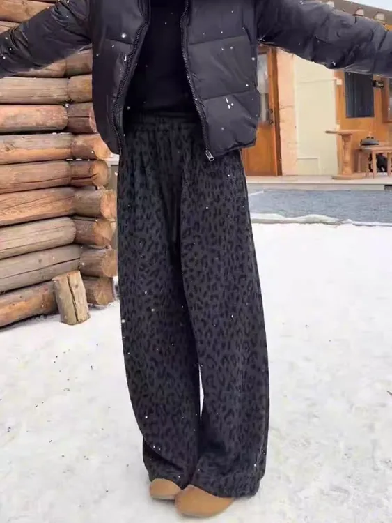 201新款金钱豹纹裤休闲裤秋冬保暖百搭阔腿裤Y