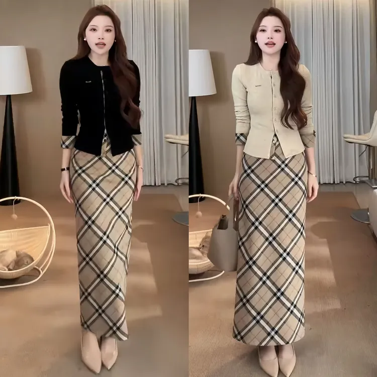 2025秋冬季新款纯欲辣妹设计感拼接针织开衫高腰显瘦半身裙两件套