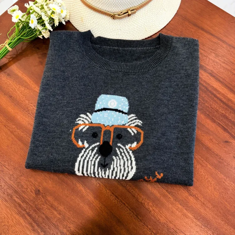 【羊毛桑蚕丝】卡通小狗减龄早秋薄款针织圆领女装打底衫T恤812