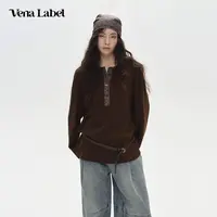 Vena Label亨利领拼接长袖T恤女25FW秋冬季新款复古内搭打底上衣