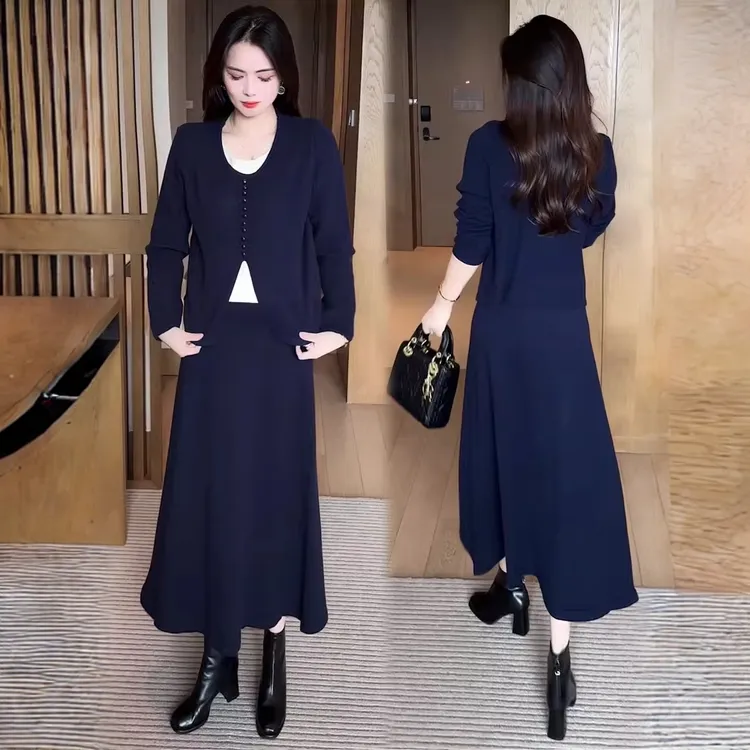 时尚套装裙女2025秋季新款时髦洋气针织假两件上衣半身裙两件套裙