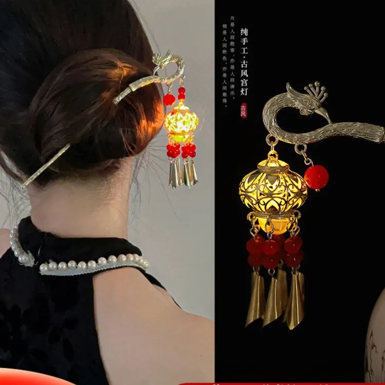 会发光的流苏灯笼发簪子金属凉亭发髻中秋节西湖宫灯盘发古风发饰