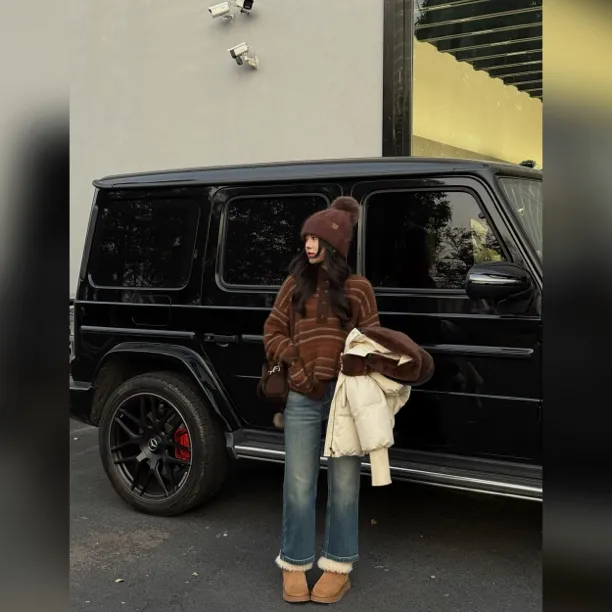 【郝洁】“法棍裤”高级时髦百搭高腰宽松阔腿加绒牛仔裤80207