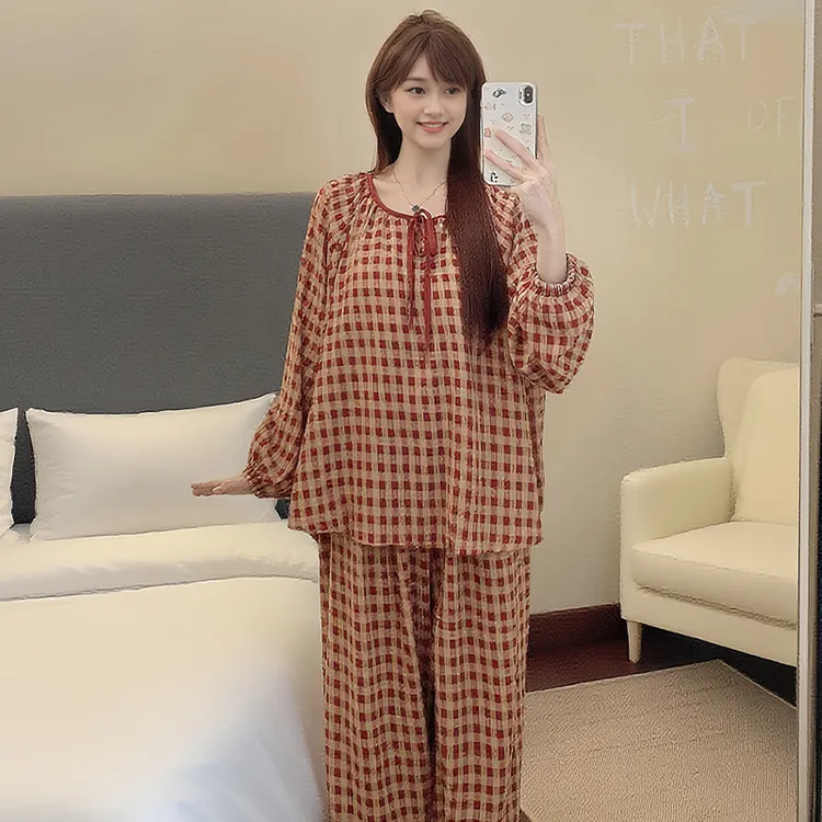贝黛诗带胸垫睡衣女秋2025新款安可拉红圆领甜美可外穿家居服套装