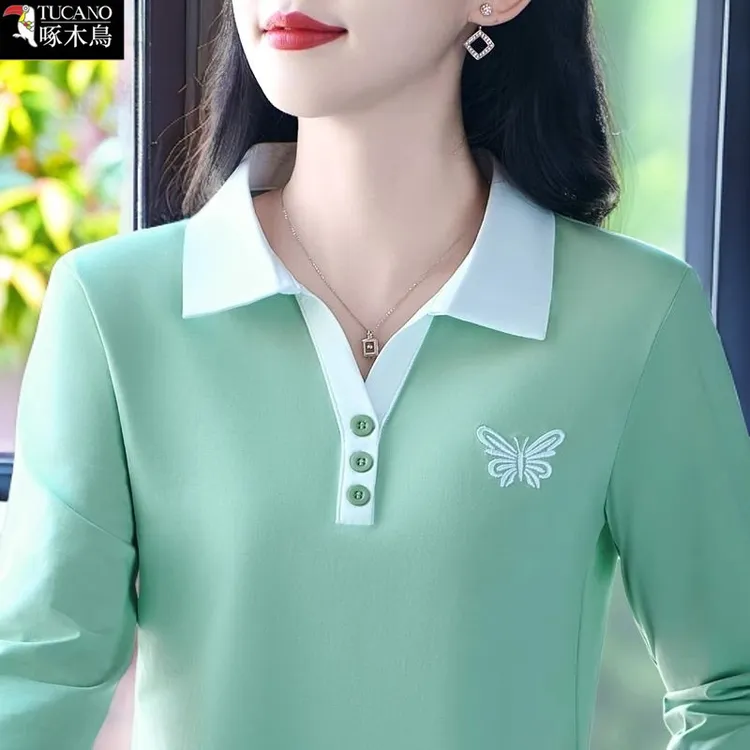 啄木鸟纽扣翻领长袖T恤POLO衫2025年新款春秋显瘦撞色刺绣上衣女