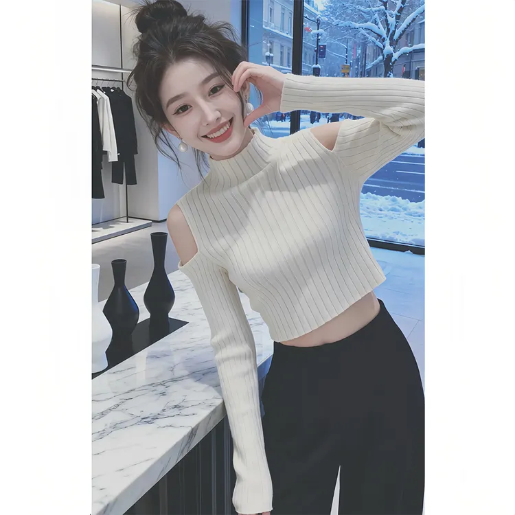 香朵儿 韩系露肩别致半高领套头针织衫女秋冬设计感修身显瘦款