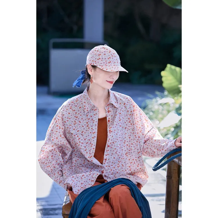 秋季新款文艺复古上衣女橙粉碎花凉感纯棉开衫宽松休闲画家大衬衫