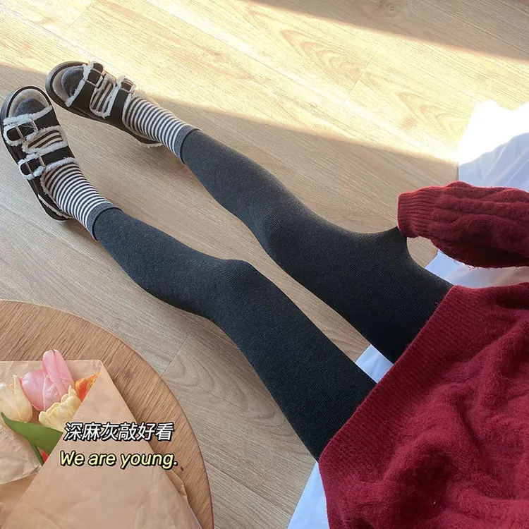 羊绒打底裤女秋冬季加绒加厚细条纹外穿微压显瘦灰色竖条连裤袜