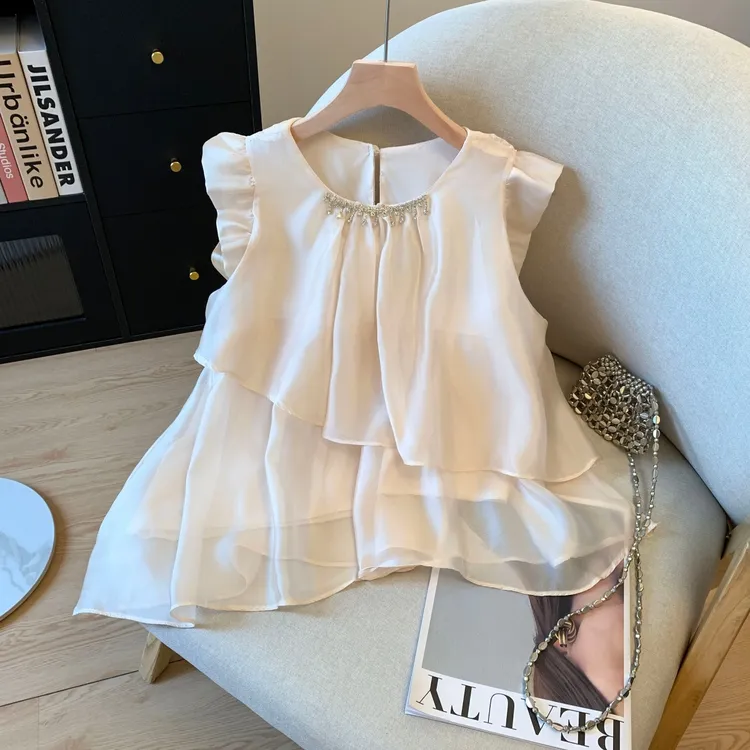 法式别致不规则无袖雪纺衬衫女2025夏季轻薄高级感宽松娃娃衫上衣