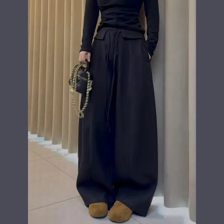 拖地加绒羊毛呢西装阔腿裤女欧洲站2025冬装新款欧货女装休闲裤潮